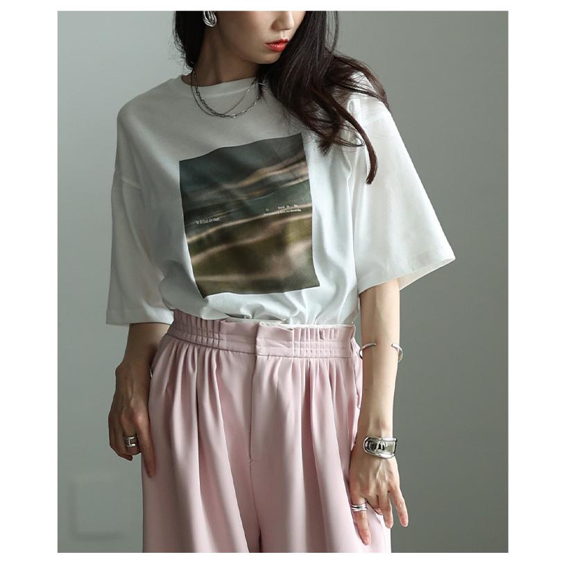 レディース トップス カットソー Tシャツ 接触冷感 UVカット マーブル プリント 半袖 オフホワイト 大人可愛い 大人 可愛い 30代 40代 50代 60代 サワアラモードの画像
