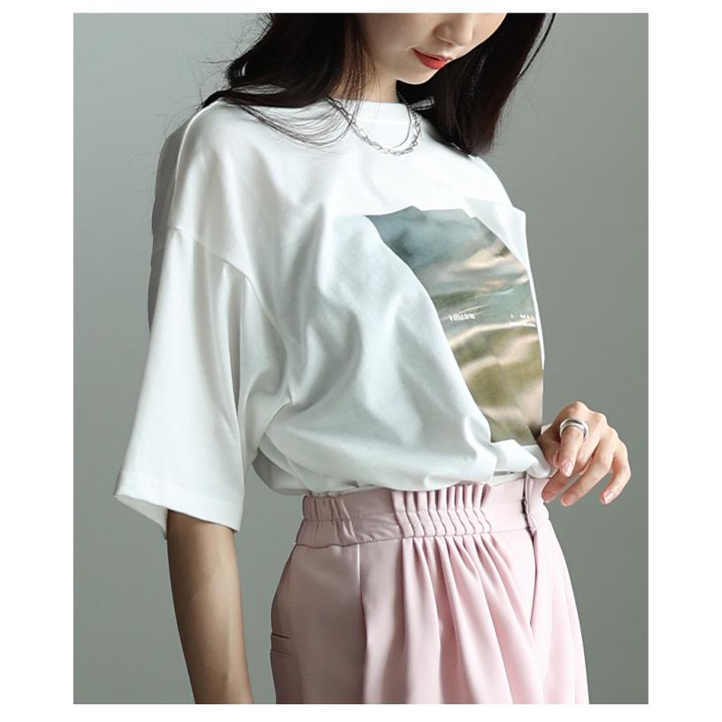 レディース トップス カットソー Tシャツ 接触冷感 UVカット マーブル プリント 半袖 オフホワイト 大人可愛い 大人 可愛い 30代 40代 50代 60代 サワアラモードの画像