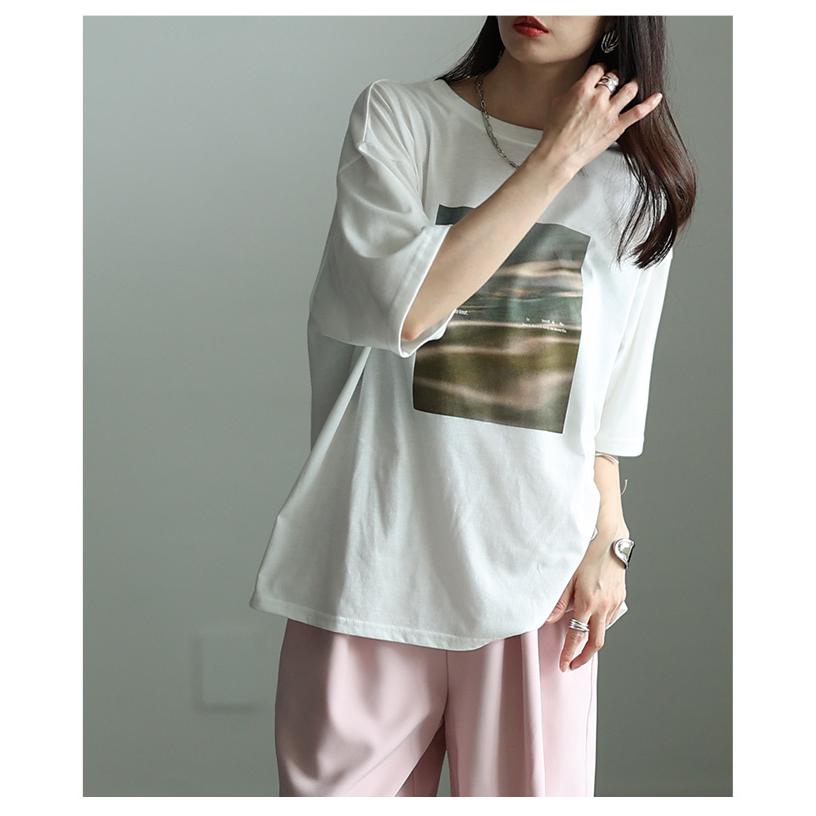 レディース トップス カットソー Tシャツ 接触冷感 UVカット マーブル プリント 半袖 オフホワイト 大人可愛い 大人 可愛い 30代 40代 50代 60代 サワアラモードの画像