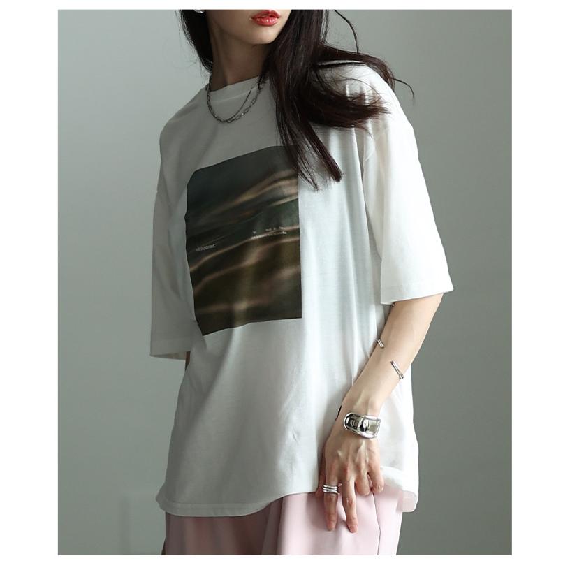 レディース トップス カットソー Tシャツ 接触冷感 UVカット マーブル プリント 半袖 オフホワイト 大人可愛い 大人 可愛い 30代 40代 50代 60代 サワアラモードの画像