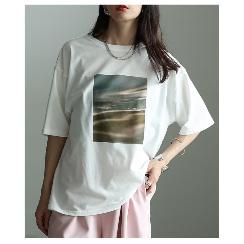 レディース トップス カットソー Tシャツ 接触冷感 UVカット マーブル プリント 半袖 オフホワイト 大人可愛い 大人 可愛い 30代 40代 50代 60代 サワアラモードの画像