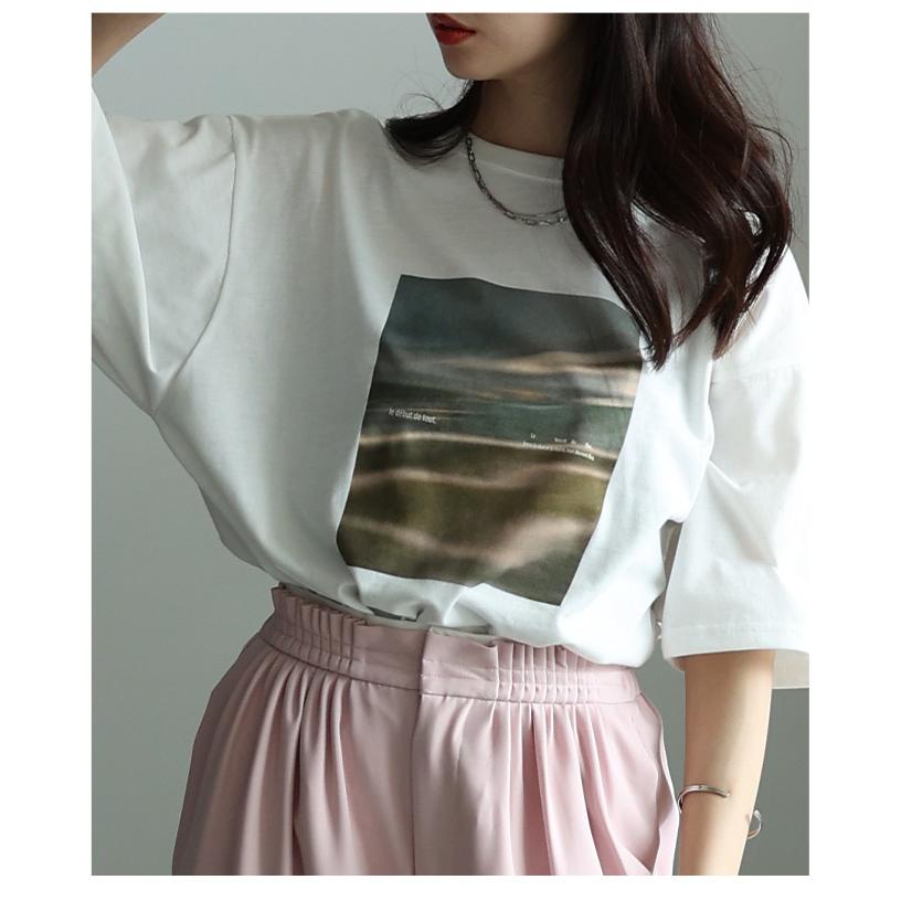 レディース トップス カットソー Tシャツ 接触冷感 UVカット マーブル プリント 半袖 オフホワイト 大人可愛い 大人 可愛い 30代 40代 50代 60代 サワアラモードの画像