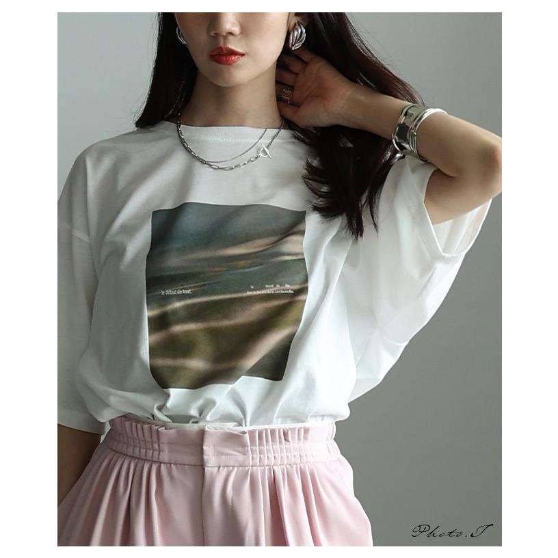 レディース トップス カットソー Tシャツ 接触冷感 UVカット マーブル プリント 半袖 オフホワイト 大人可愛い 大人 可愛い 30代 40代 50代 60代 サワアラモードの画像