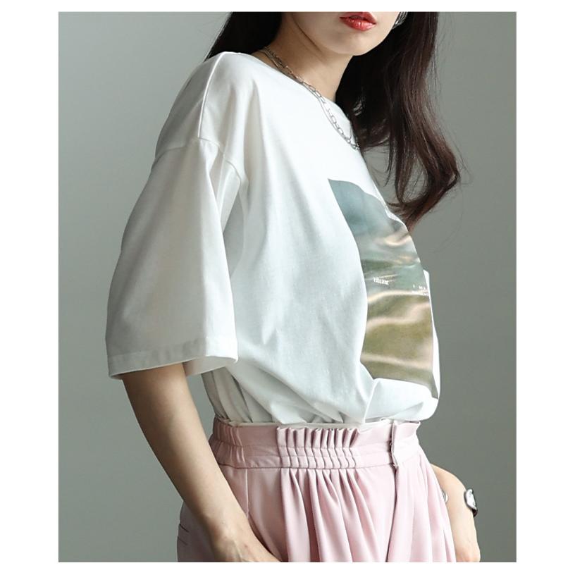 レディース トップス カットソー Tシャツ 接触冷感 UVカット マーブル プリント 半袖 オフホワイト 大人可愛い 大人 可愛い 30代 40代 50代 60代 サワアラモードの画像