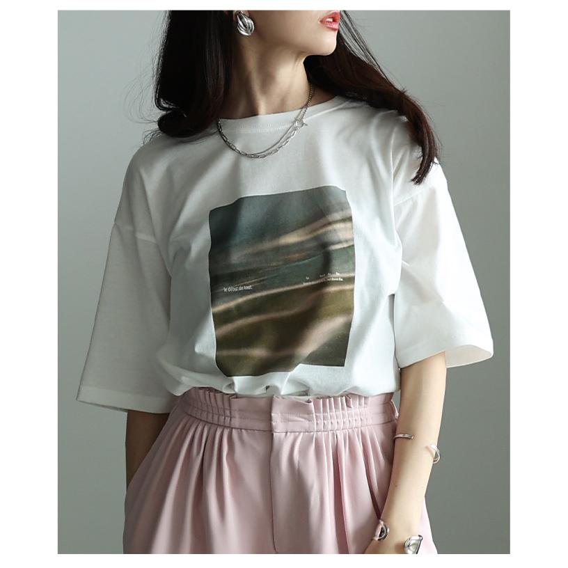 レディース トップス カットソー Tシャツ 接触冷感 UVカット マーブル プリント 半袖 オフホワイト 大人可愛い 大人 可愛い 30代 40代 50代 60代 サワアラモードの画像