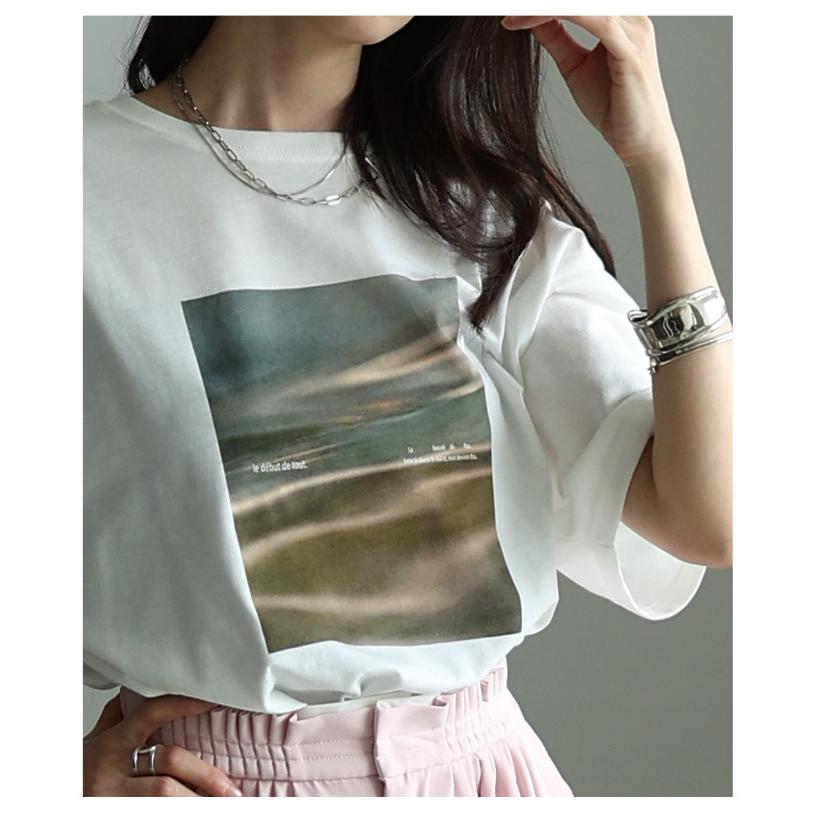 レディース トップス カットソー Tシャツ 接触冷感 UVカット マーブル プリント 半袖 オフホワイト 大人可愛い 大人 可愛い 30代 40代 50代 60代 サワアラモードの画像