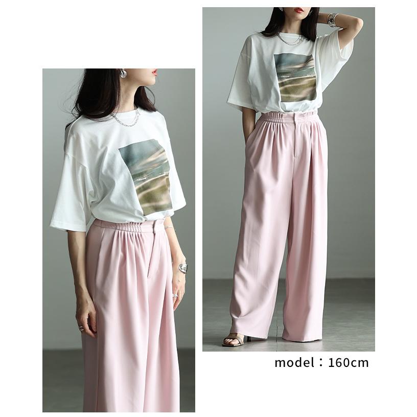 レディース トップス カットソー Tシャツ 接触冷感 UVカット マーブル プリント 半袖 オフホワイト 大人可愛い 大人 可愛い 30代 40代 50代 60代 サワアラモードの画像
