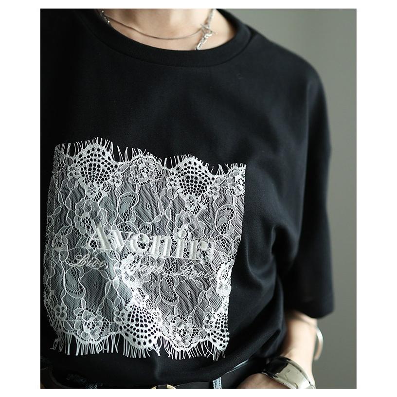 レディース トップス カットソー Tシャツ レース ロゴ 刺繍 接触冷感 UVカット 半袖 黒 白 大人可愛い 大人 可愛い 30代 40代 50代 60代 サワアラモードの画像