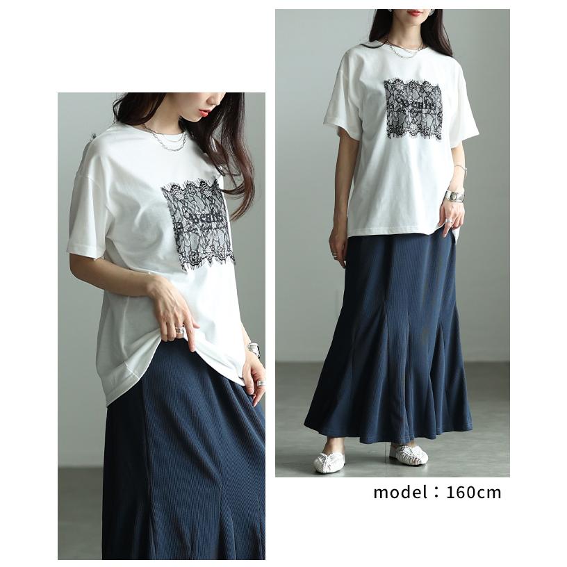 レディース トップス カットソー Tシャツ レース ロゴ 刺繍 接触冷感 UVカット 半袖 黒 白 大人可愛い 大人 可愛い 30代 40代 50代 60代 サワアラモードの画像