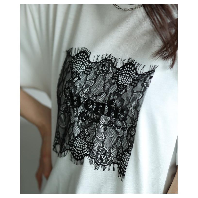 レディース トップス カットソー Tシャツ レース ロゴ 刺繍 接触冷感 UVカット 半袖 黒 白 大人可愛い 大人 可愛い 30代 40代 50代 60代 サワアラモードの画像