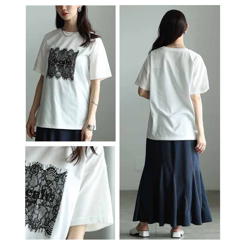 レディース トップス カットソー Tシャツ レース ロゴ 刺繍 接触冷感 UVカット 半袖 黒 白 大人可愛い 大人 可愛い 30代 40代 50代 60代 サワアラモードの画像