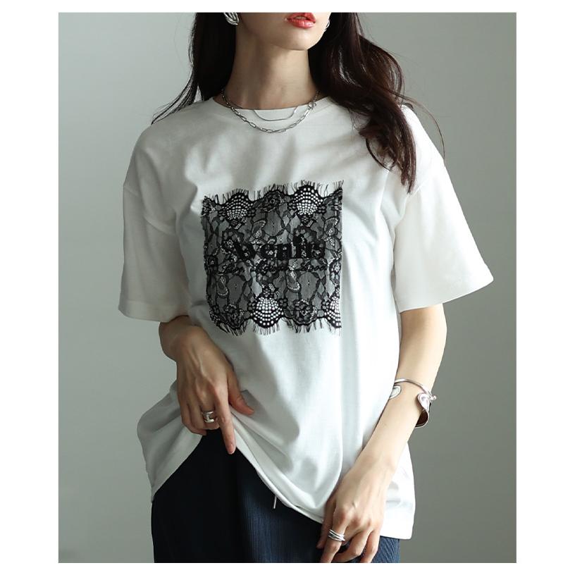 レディース トップス カットソー Tシャツ レース ロゴ 刺繍 接触冷感 UVカット 半袖 黒 白 大人可愛い 大人 可愛い 30代 40代 50代 60代 サワアラモードの画像