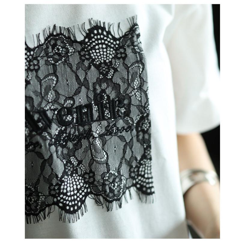 レディース トップス カットソー Tシャツ レース ロゴ 刺繍 接触冷感 UVカット 半袖 黒 白 大人可愛い 大人 可愛い 30代 40代 50代 60代 サワアラモードの画像