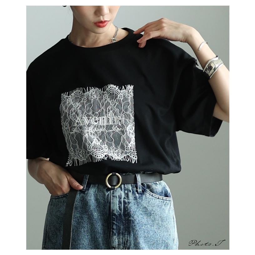 レディース トップス カットソー Tシャツ レース ロゴ 刺繍 接触冷感 UVカット 半袖 黒 白 大人可愛い 大人 可愛い 30代 40代 50代 60代 サワアラモードの画像