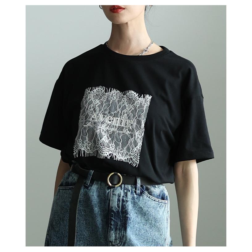 レディース トップス カットソー Tシャツ レース ロゴ 刺繍 接触冷感 UVカット 半袖 黒 白 大人可愛い 大人 可愛い 30代 40代 50代 60代 サワアラモードの画像