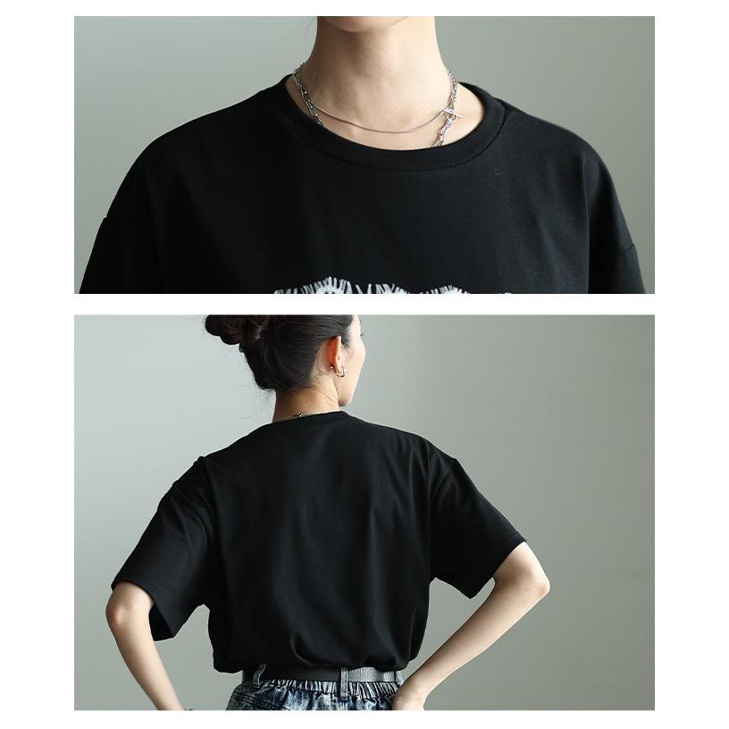 レディース トップス カットソー Tシャツ レース ロゴ 刺繍 接触冷感 UVカット 半袖 黒 白 大人可愛い 大人 可愛い 30代 40代 50代 60代 サワアラモードの画像