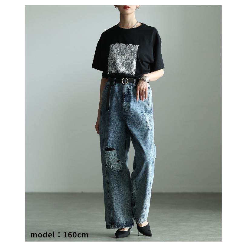 レディース トップス カットソー Tシャツ レース ロゴ 刺繍 接触冷感 UVカット 半袖 黒 白 大人可愛い 大人 可愛い 30代 40代 50代 60代 サワアラモードの画像