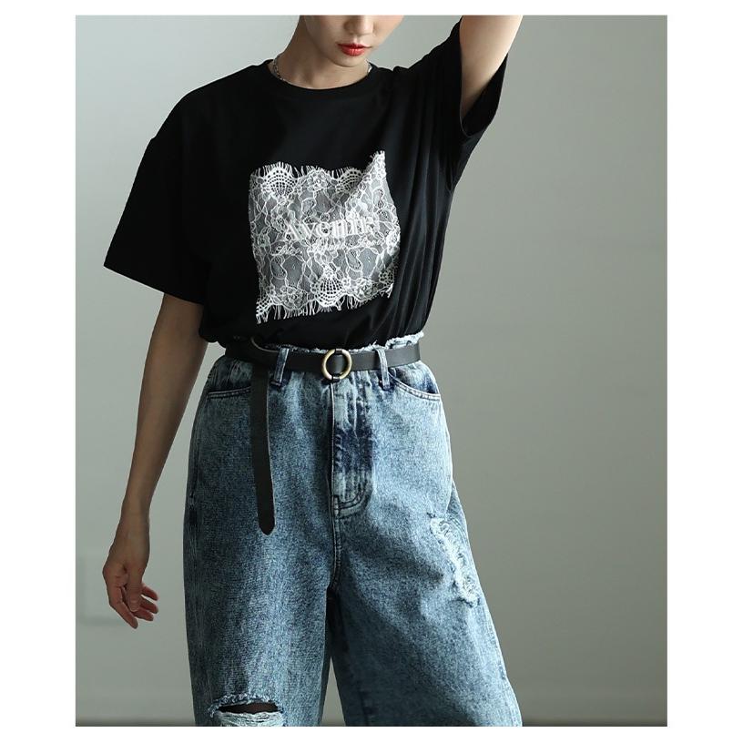 レディース トップス カットソー Tシャツ レース ロゴ 刺繍 接触冷感 UVカット 半袖 黒 白 大人可愛い 大人 可愛い 30代 40代 50代 60代 サワアラモードの画像