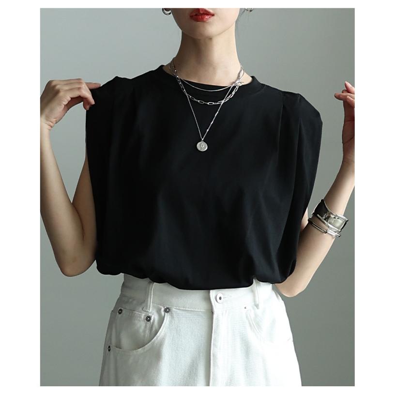 レディース トップス カットソー Tシャツ タック フレンチスリーブ 接触冷感 UVカット 黒 白 大人可愛い 大人 可愛い 30代 40代 50代 60代 サワアラモードの画像
