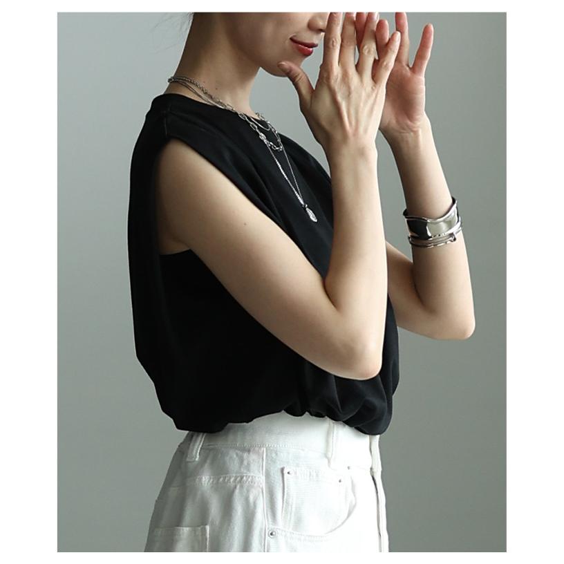 レディース トップス カットソー Tシャツ タック フレンチスリーブ 接触冷感 UVカット 黒 白 大人可愛い 大人 可愛い 30代 40代 50代 60代 サワアラモードの画像