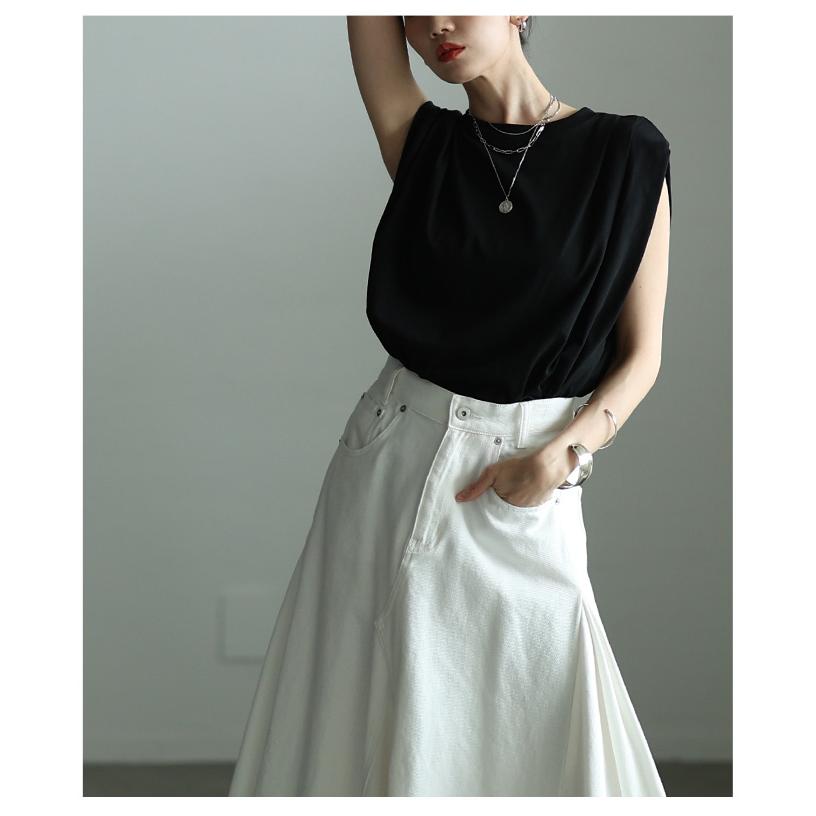 レディース トップス カットソー Tシャツ タック フレンチスリーブ 接触冷感 UVカット 黒 白 大人可愛い 大人 可愛い 30代 40代 50代 60代 サワアラモードの画像