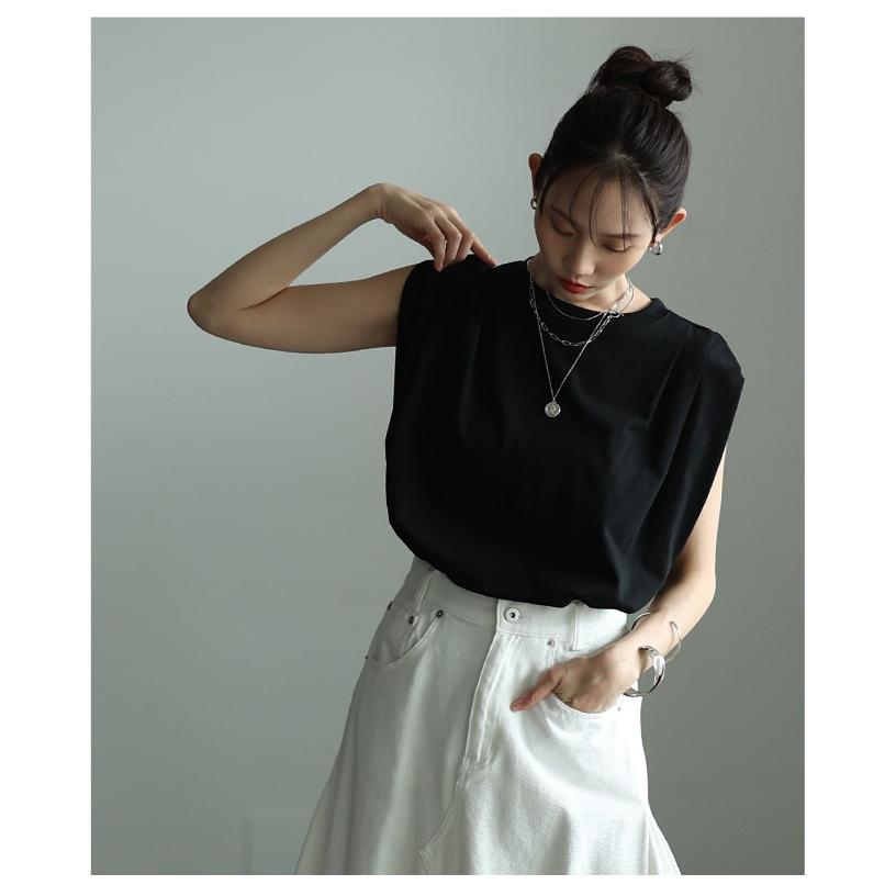 レディース トップス カットソー Tシャツ タック フレンチスリーブ 接触冷感 UVカット 黒 白 大人可愛い 大人 可愛い 30代 40代 50代 60代 サワアラモードの画像