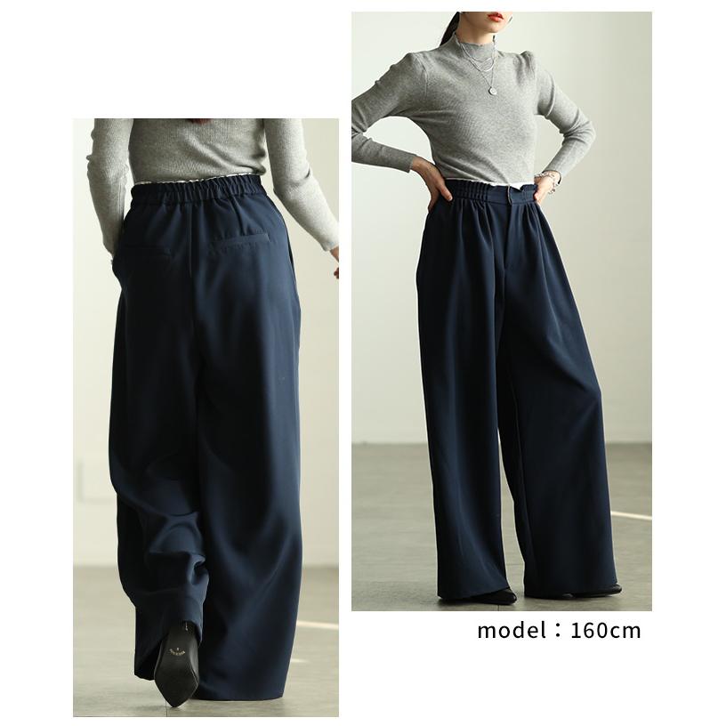 レディース パンツ ワイド ロング タック ハイウエスト レイヤード風 ジッパーフライ ポケット 大人可愛い 大人 可愛い 30代 40代 50代 60代 サワアラモード