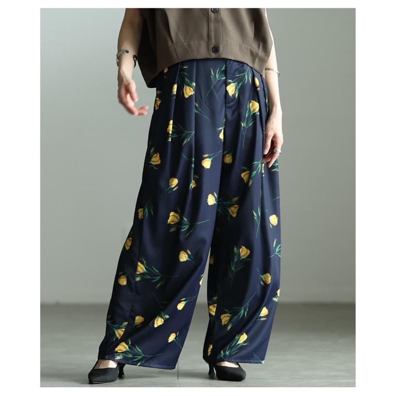 レディース パンツ ワイド ロング タック 花柄 ハイウエスト ジッパーフライ ブラック ネイビー 大人可愛い 大人 可愛い 30代 40代 50代 60代 サワアラモードの画像