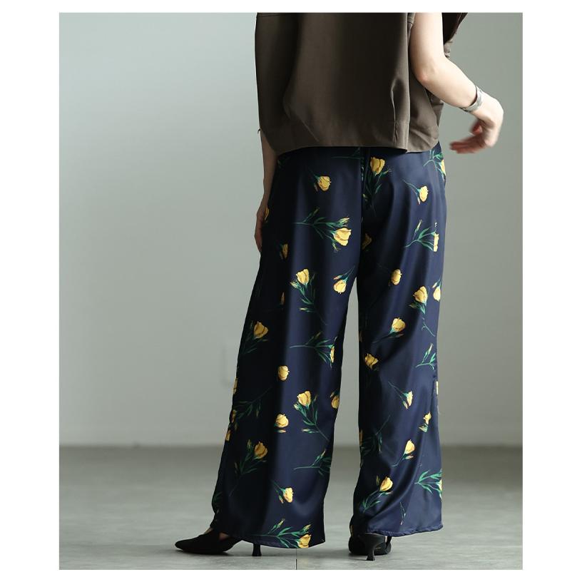 レディース パンツ ワイド ロング タック 花柄 ハイウエスト ジッパーフライ ブラック ネイビー 大人可愛い 大人 可愛い 30代 40代 50代 60代 サワアラモードの画像