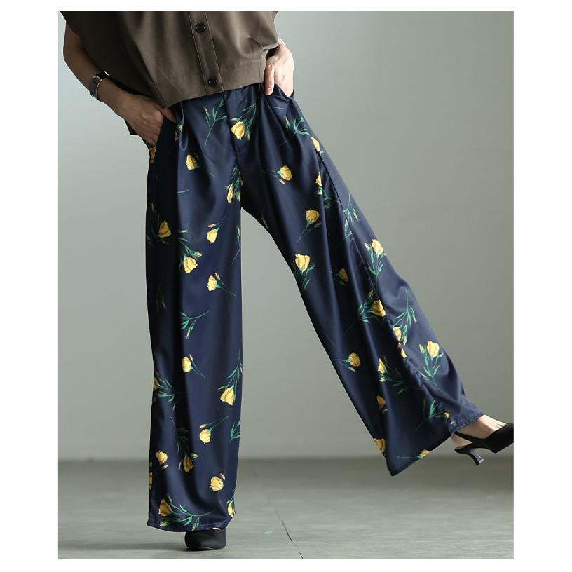 レディース パンツ ワイド ロング タック 花柄 ハイウエスト ジッパーフライ ブラック ネイビー 大人可愛い 大人 可愛い 30代 40代 50代 60代 サワアラモードの画像