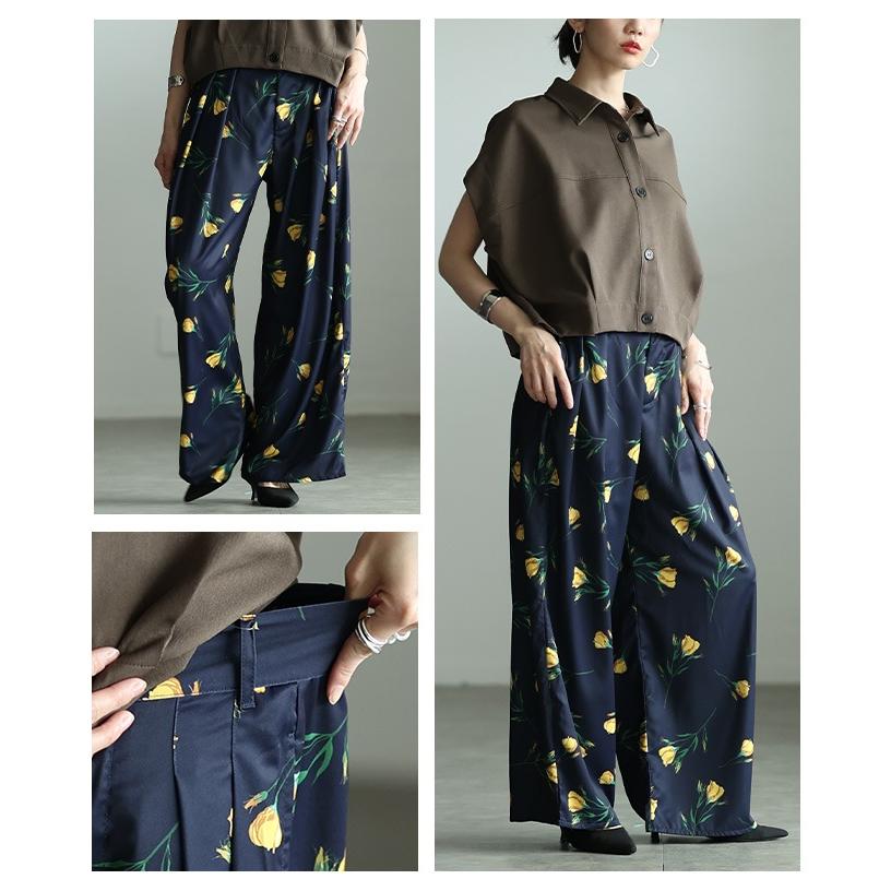 レディース パンツ ワイド ロング タック 花柄 ハイウエスト ジッパーフライ ブラック ネイビー 大人可愛い 大人 可愛い 30代 40代 50代 60代 サワアラモードの画像