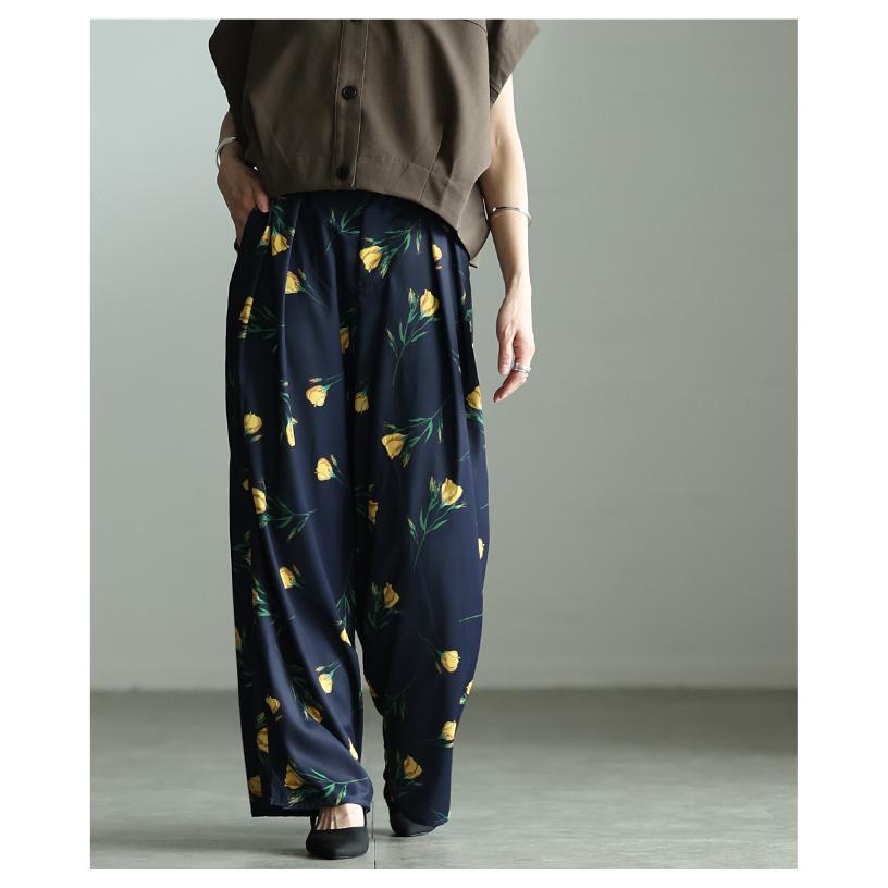 レディース パンツ ワイド ロング タック 花柄 ハイウエスト ジッパーフライ ブラック ネイビー 大人可愛い 大人 可愛い 30代 40代 50代 60代 サワアラモードの画像