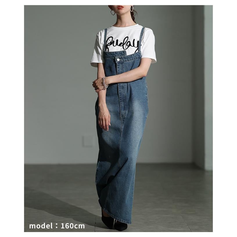 ワンピース レディース ジャンパースカート デニム アシンメトリー ロング ブルー ブリーチ 通年 大人可愛い 大人 可愛い 30代 40代 50代 60代   イベントセールの画像