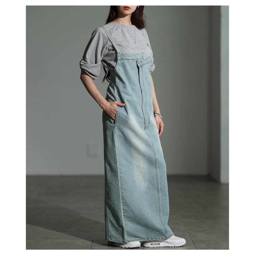 ワンピース レディース ジャンパースカート デニム アシンメトリー ロング ブルー ブリーチ 通年 大人可愛い 大人 可愛い 30代 40代 50代 60代   イベントセールの画像