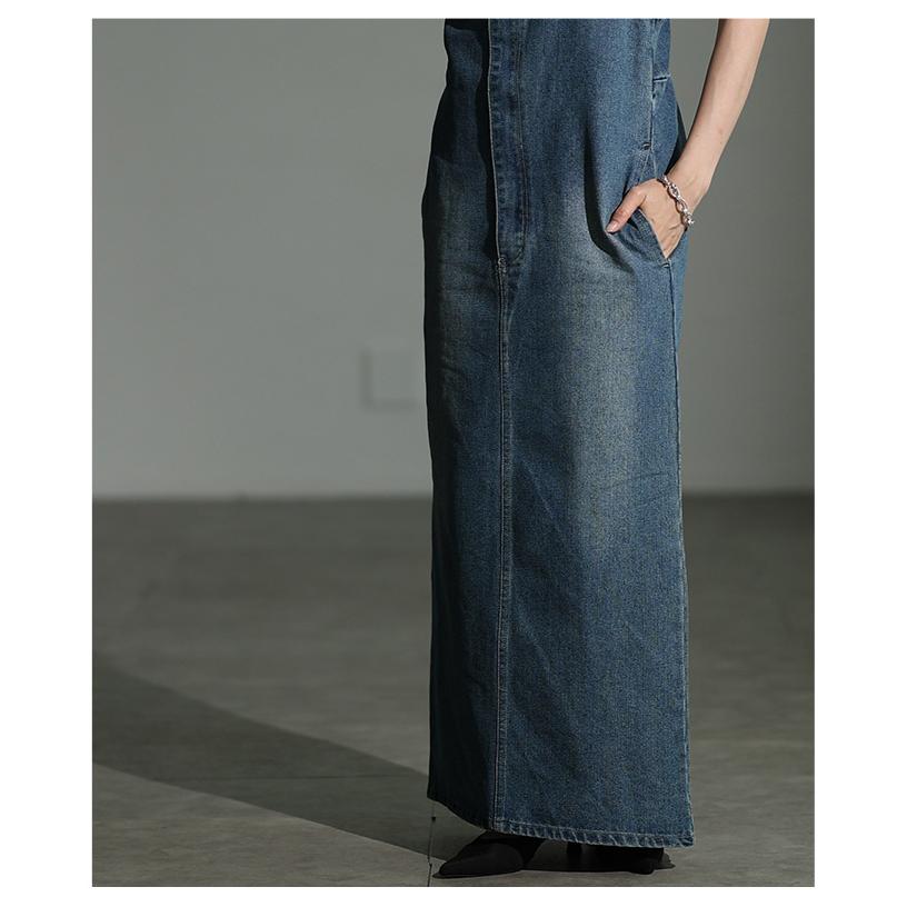 ワンピース レディース ジャンパースカート デニム アシンメトリー ロング ブルー ブリーチ 通年 大人可愛い 大人 可愛い 30代 40代 50代 60代   イベントセールの画像
