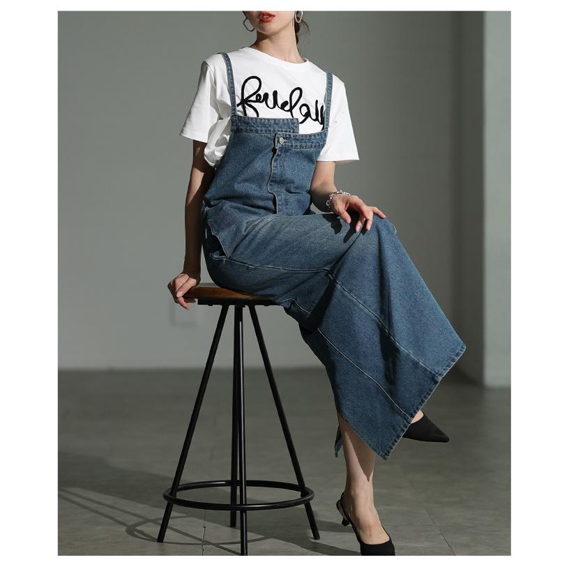 ワンピース レディース ジャンパースカート デニム アシンメトリー ロング ブルー ブリーチ 通年 大人可愛い 大人 可愛い 30代 40代 50代 60代   イベントセールの画像
