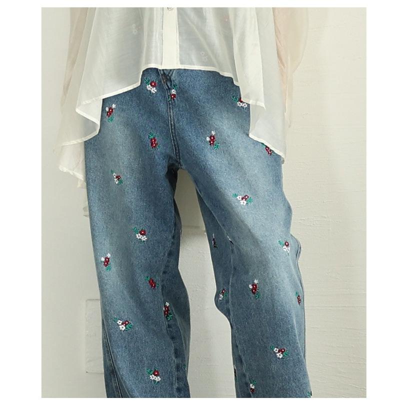 レディース パンツ 花柄 刺繍 ドット デニム ルーズ ワイド ロング ボタンフライ ブルー 青 通年 大人可愛い 大人 可愛い 30代 40代 50代 60代   イベントセールの画像