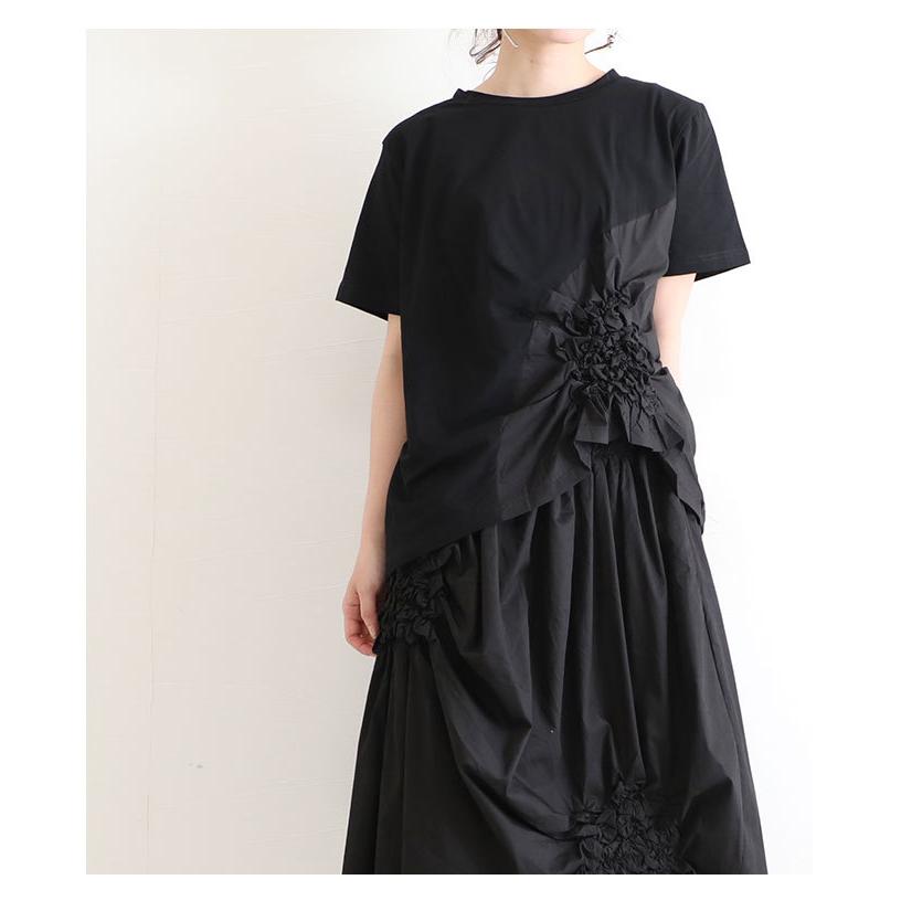 レディース トップス カットソー Tシャツ ブラック 黒 半袖 無地 コットン 夏服 綿 大人可愛い 40代 レディースファッション 50代女性 ファッション 60代 ミセスの画像