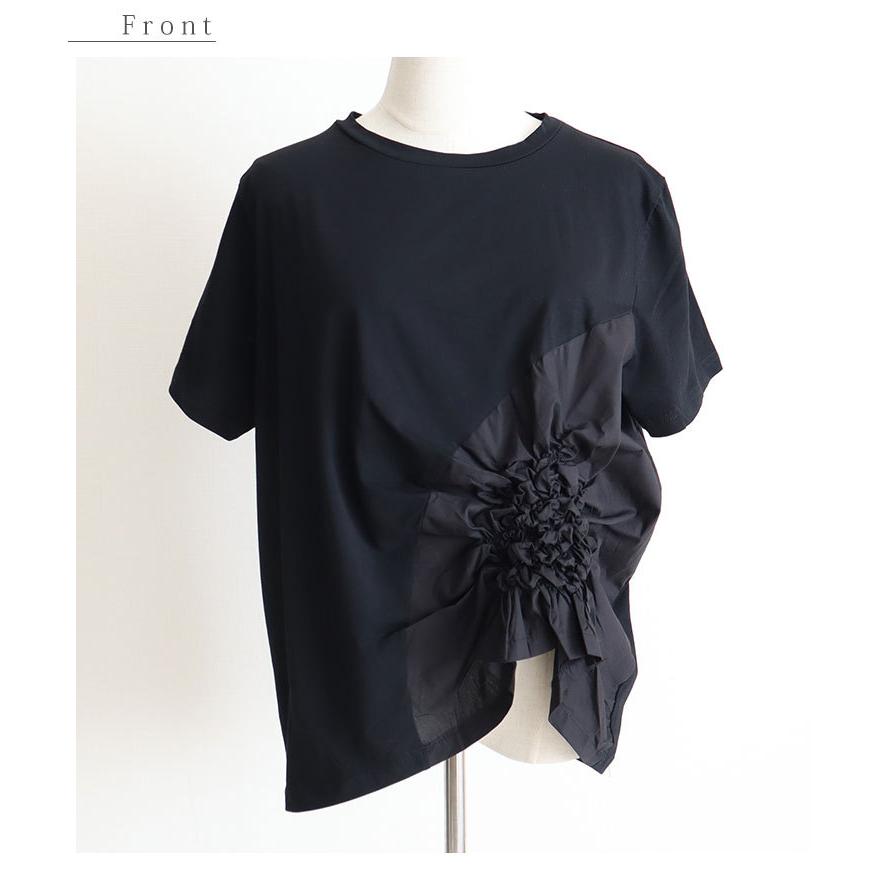 レディース トップス カットソー Tシャツ ブラック 黒 半袖 無地 コットン 夏服 綿 大人可愛い 40代 レディースファッション 50代女性 ファッション 60代 ミセスの画像