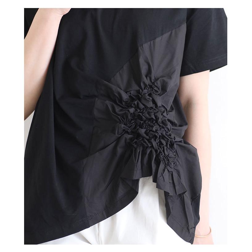レディース トップス カットソー Tシャツ ブラック 黒 半袖 無地 コットン 夏服 綿 大人可愛い 40代 レディースファッション 50代女性 ファッション 60代 ミセスの画像