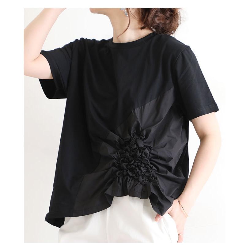 レディース トップス カットソー Tシャツ ブラック 黒 半袖 無地 コットン 夏服 綿 大人可愛い 40代 レディースファッション 50代女性 ファッション 60代 ミセスの画像