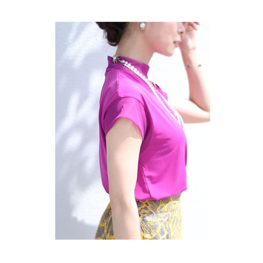 レディース トップス カットソー Tシャツ 白 ホワイト 黒 ブラック ピンク ブルーグリーン 半袖 夏 大人可愛い 大人 可愛い 30代 40代 50代 60代 サワアラモードの画像