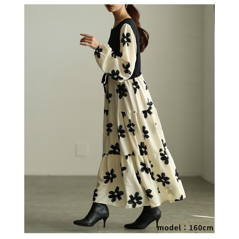 レディース ワンピース アイボリー 長袖 ロング丈 花柄 パフスリーブ ティアード 切替 フレア 春服 大人可愛い 大人 可愛い 30代 40代 50代 60代 サワアラモードの画像