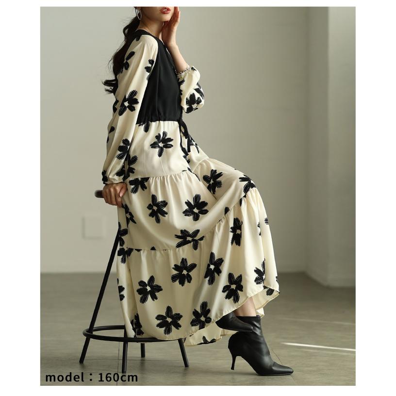 レディース ワンピース アイボリー 長袖 ロング丈 花柄 パフスリーブ ティアード 切替 フレア 春服 大人可愛い 大人 可愛い 30代 40代 50代 60代 サワアラモードの画像