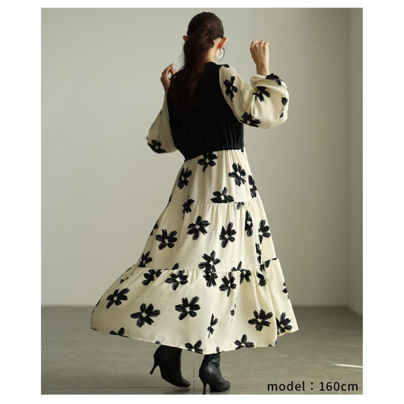 レディース ワンピース アイボリー 長袖 ロング丈 花柄 パフスリーブ ティアード 切替 フレア 春服 大人可愛い 大人 可愛い 30代 40代 50代 60代 サワアラモードの画像