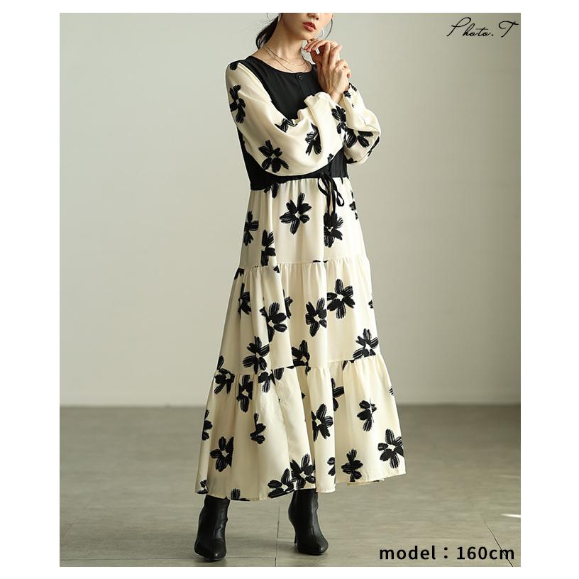 レディース ワンピース アイボリー 長袖 ロング丈 花柄 パフスリーブ ティアード 切替 フレア 春服 大人可愛い 大人 可愛い 30代 40代 50代 60代 サワアラモードの画像