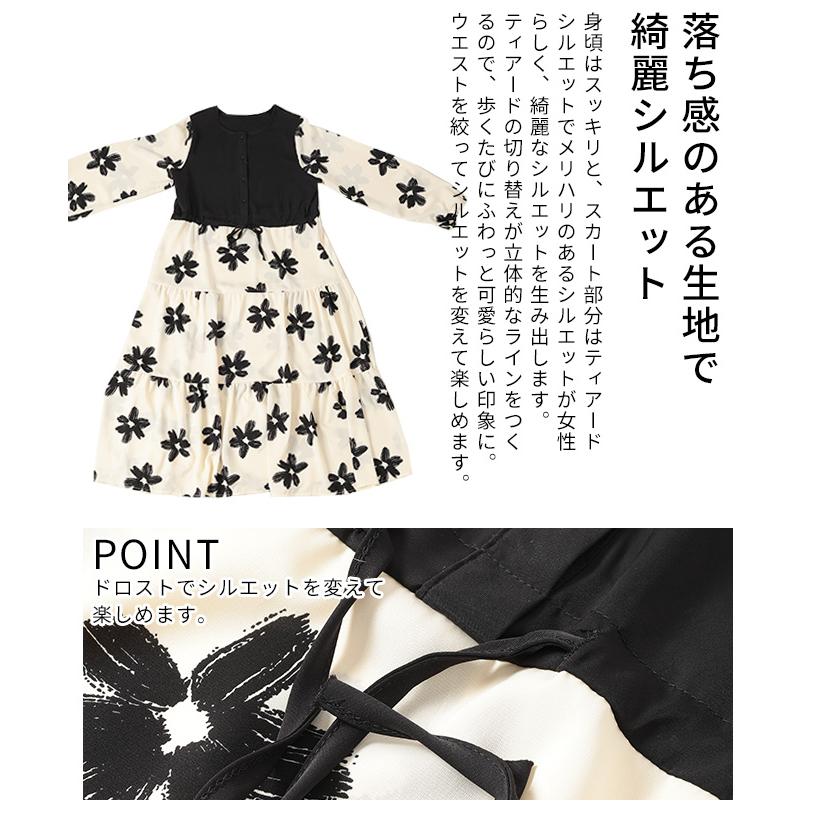 レディース ワンピース アイボリー 長袖 ロング丈 花柄 パフスリーブ ティアード 切替 フレア 春服 大人可愛い 大人 可愛い 30代 40代 50代 60代 サワアラモードの画像