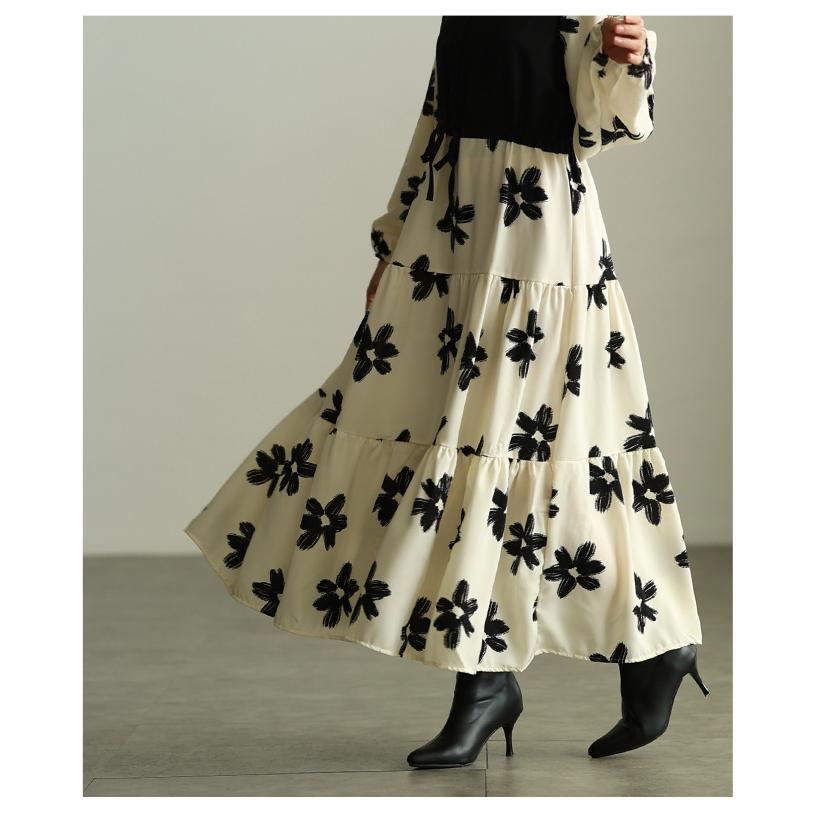 レディース ワンピース アイボリー 長袖 ロング丈 花柄 パフスリーブ ティアード 切替 フレア 春服 大人可愛い 大人 可愛い 30代 40代 50代 60代 サワアラモードの画像