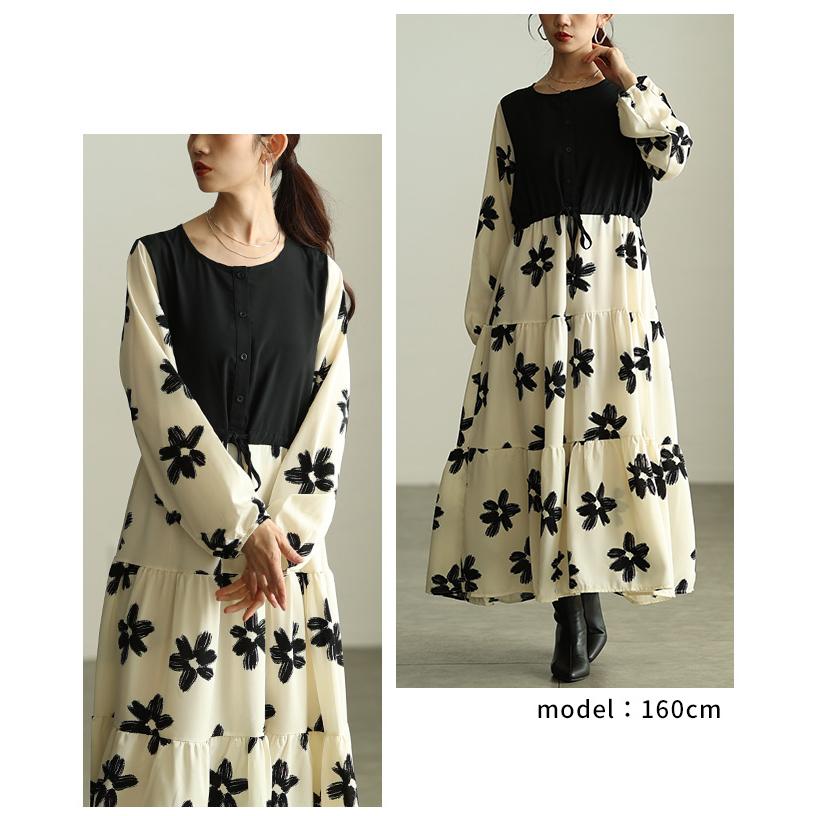 レディース ワンピース アイボリー 長袖 ロング丈 花柄 パフスリーブ ティアード 切替 フレア 春服 大人可愛い 大人 可愛い 30代 40代 50代 60代 サワアラモードの画像
