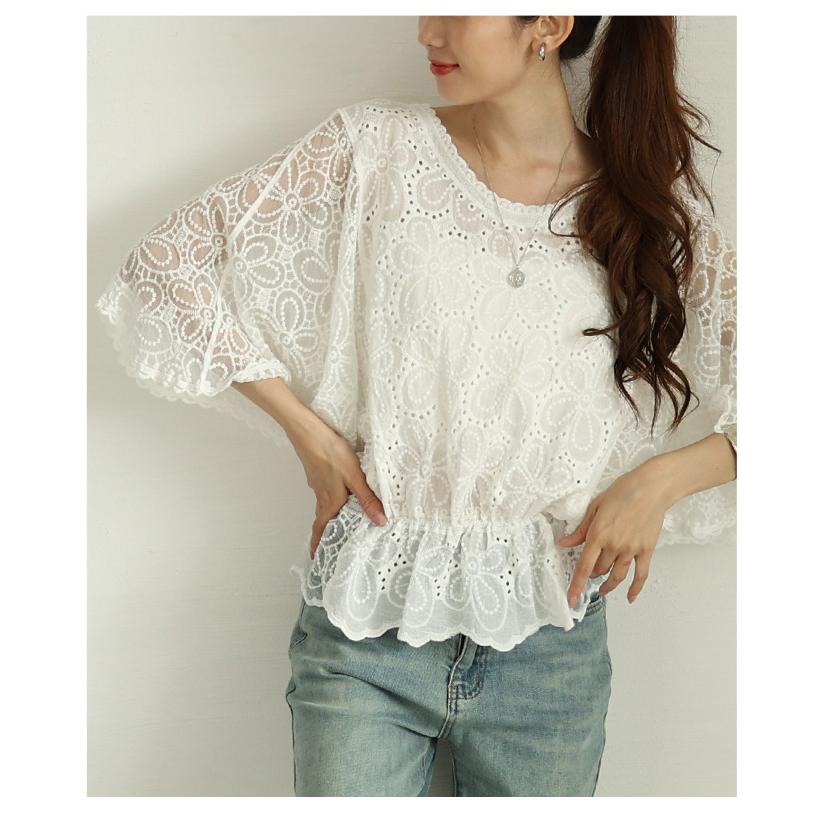 レディース トップス ブラウス 夏服 シャツ ホワイト 5分袖 花柄 刺繍 レース ドルマン ペプラム 綿 大人可愛い きれいめ 30代 40代 50代 女性 サワアラモードの画像